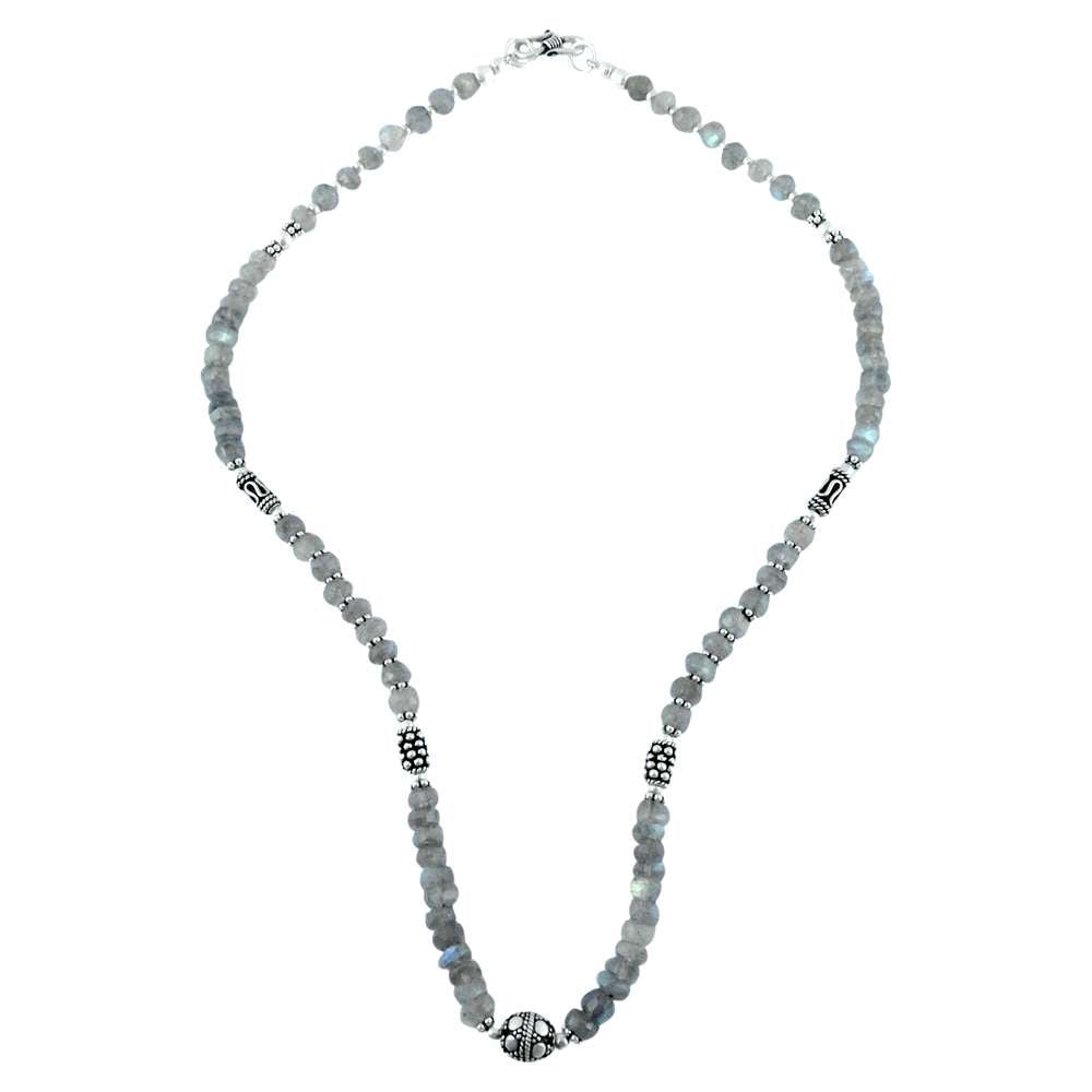 Natural Labradorite Gemstone Beaded Necklace 925 Sterling Silver Jewelry R19