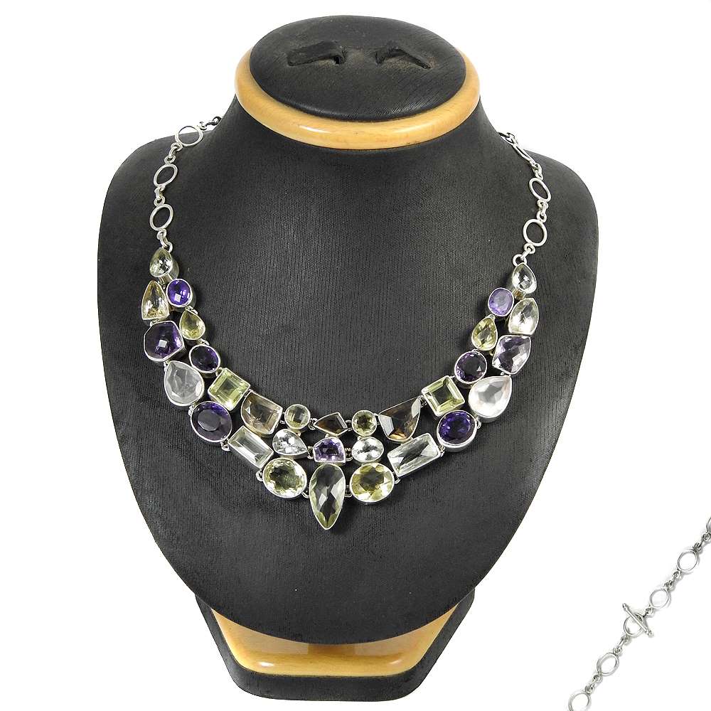 Woman Gift 925 Sterling Silver Natural Citrine Gemstone Cluster Necklace S5