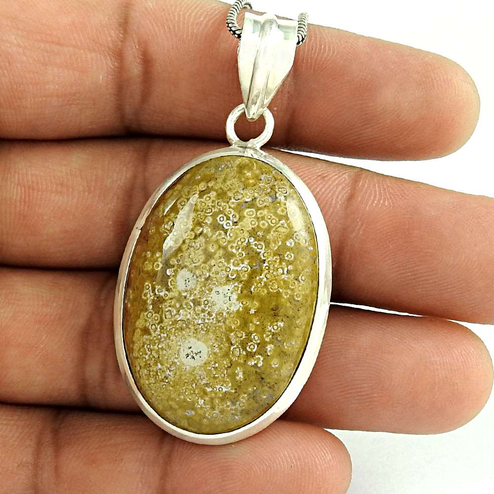 Natural Crinoid Fossil Gemstone Pendant Boho Brown 925 Sterling Silver B32