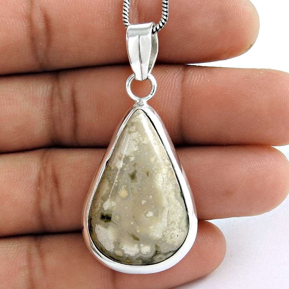 Natural Ocean Jasper Gemstone Pendant Ethnic 925 Sterling Silver For Girls C56