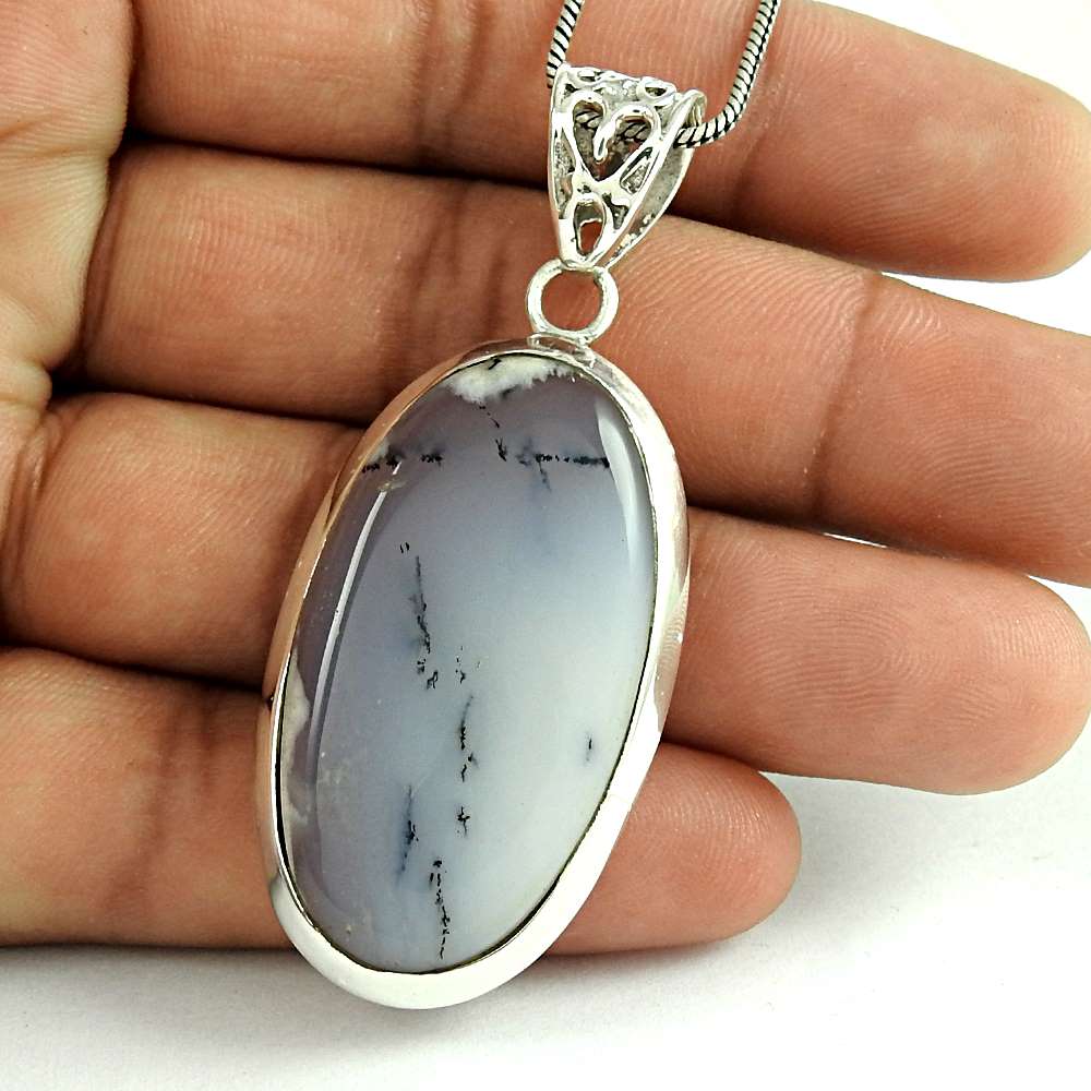 Natural Dendritic Agate Gemstone Pendant Vintage 925 Silver For Girls B6