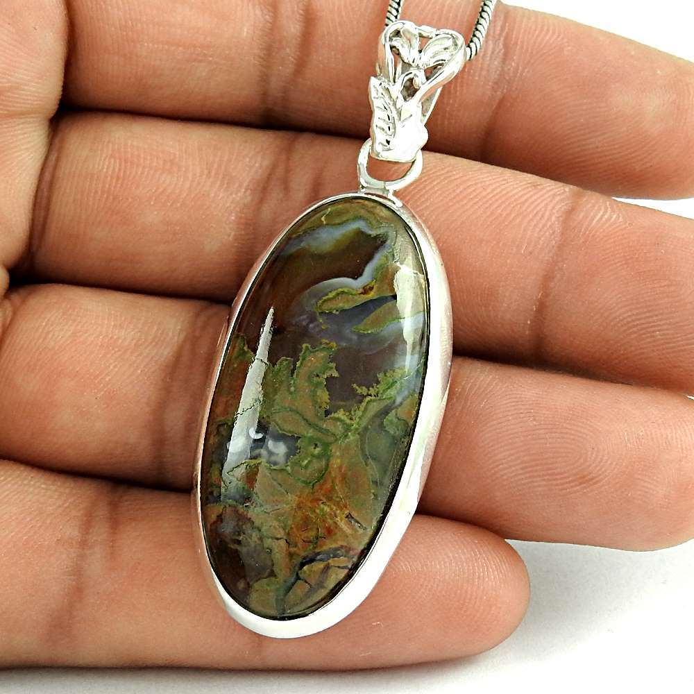 Anniversary Gift For Her Natural Rhyolite Gemstone Pendant Boho 925 Silver B12