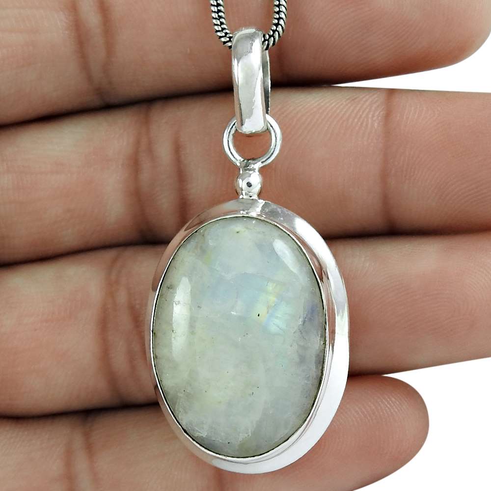 Anniversary Gift For Her Natural Rainbow Moonstone Pendant Vintage 925 Silver I6