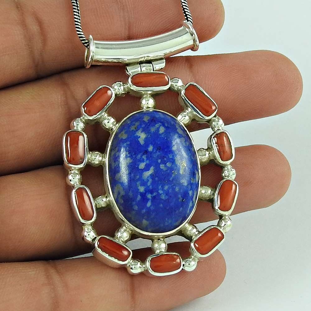 Gift For Women Pendant Tribal 925 Sterling Silver Natural Coral Gemstone R23