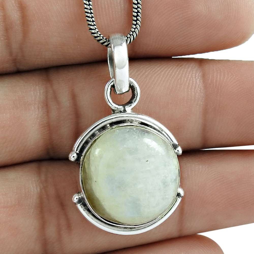 Gift For Her 925 Silver Natural Rainbow Moonstone Gemstone Pendant Boho T6