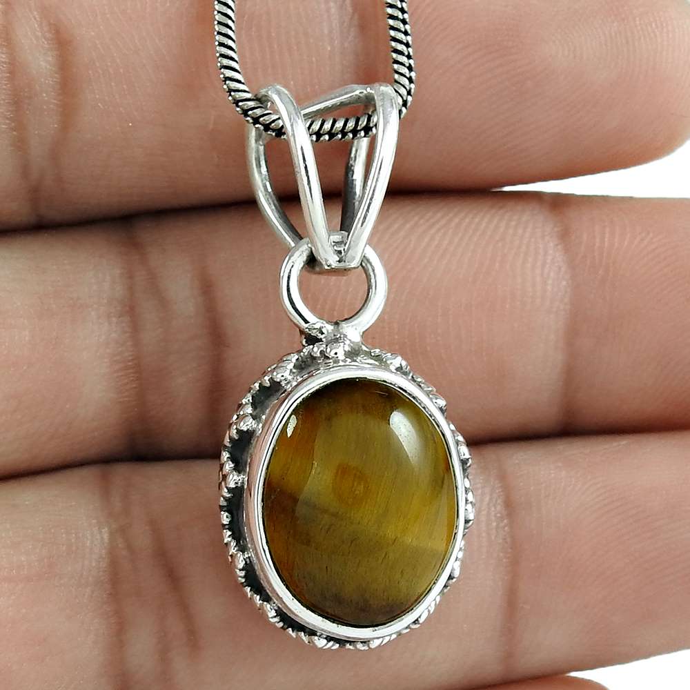 Gift For Women Pendant Tribal 925 Silver Natural Tiger'S Eye Gemstone A25