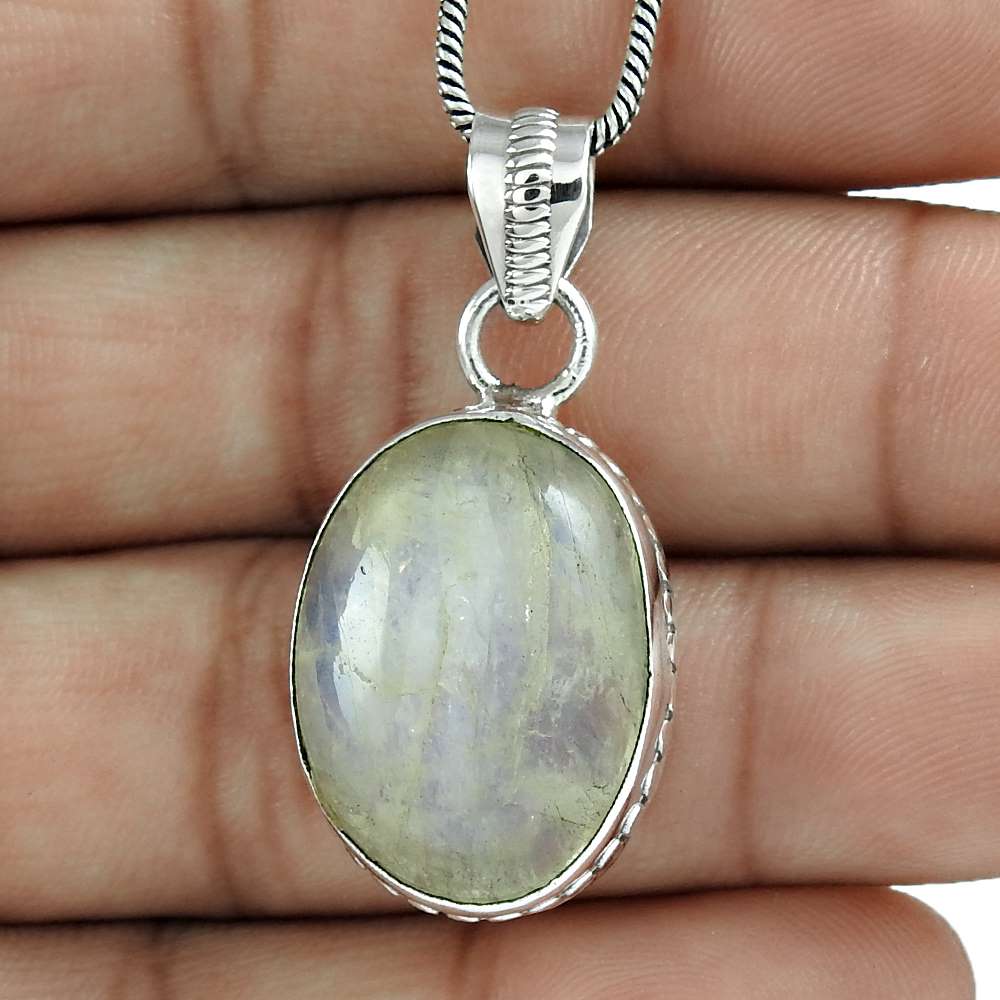 Gift For Her 925 Silver Natural Rainbow Moonstone Gemstone Pendant Vintage G8