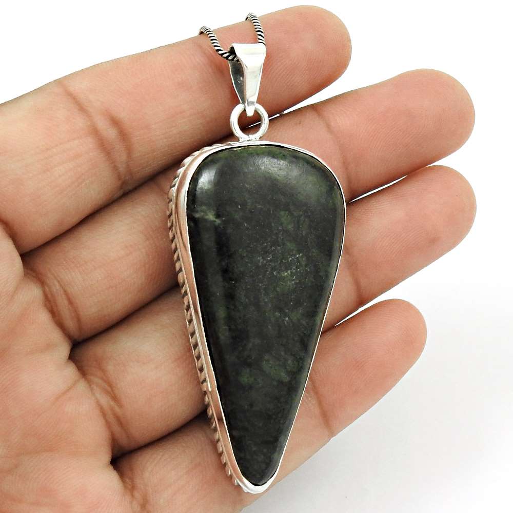 Natural Green Jasper Gemstone Pendant Bohemian 925 Sterling Silver Jewelry D34