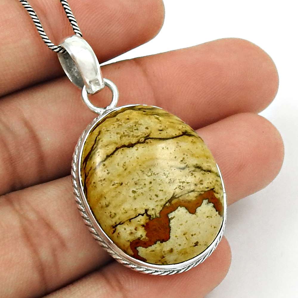 Natural Picture Jasper Gemstone Pendant Stylish 925 Silver For Girls E34