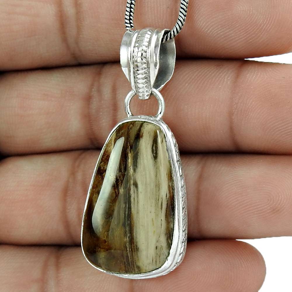 Natural Brush Agate Gemstone Pendant Ethnic 925 Sterling Silver For Girls J6