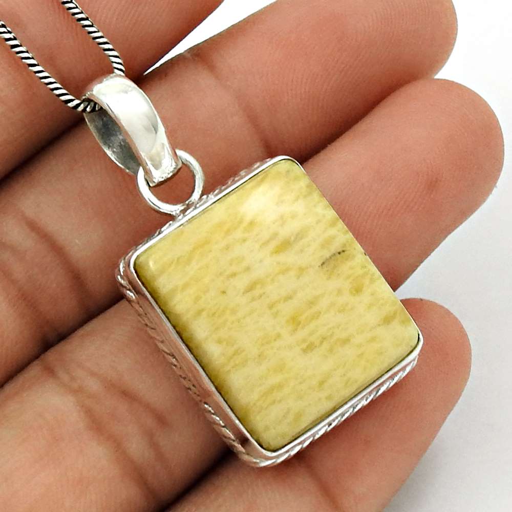 Birthday Gift For Her Natural Yellow Lace Agate Pendant Stylish 925 Silver P34