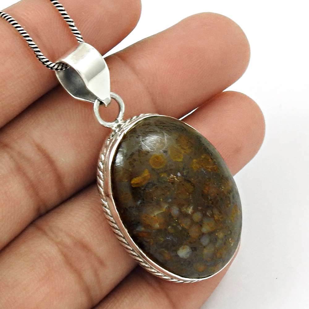 Gift For Her 925 Silver Natural Mushroom Rhyolite Gemstone Pendant Vintage X34