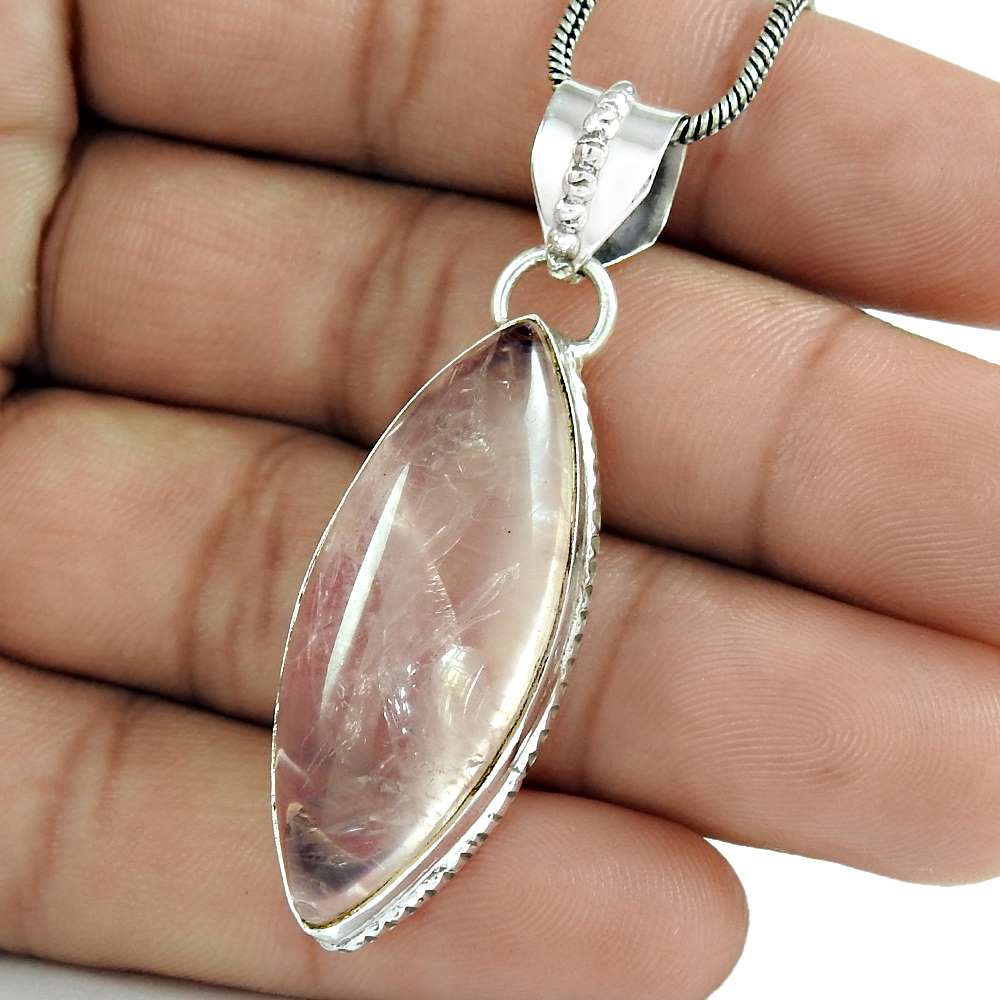 Natural Rose Quartz Gemstone Pendant Boho 925 Sterling Silver For Women B7