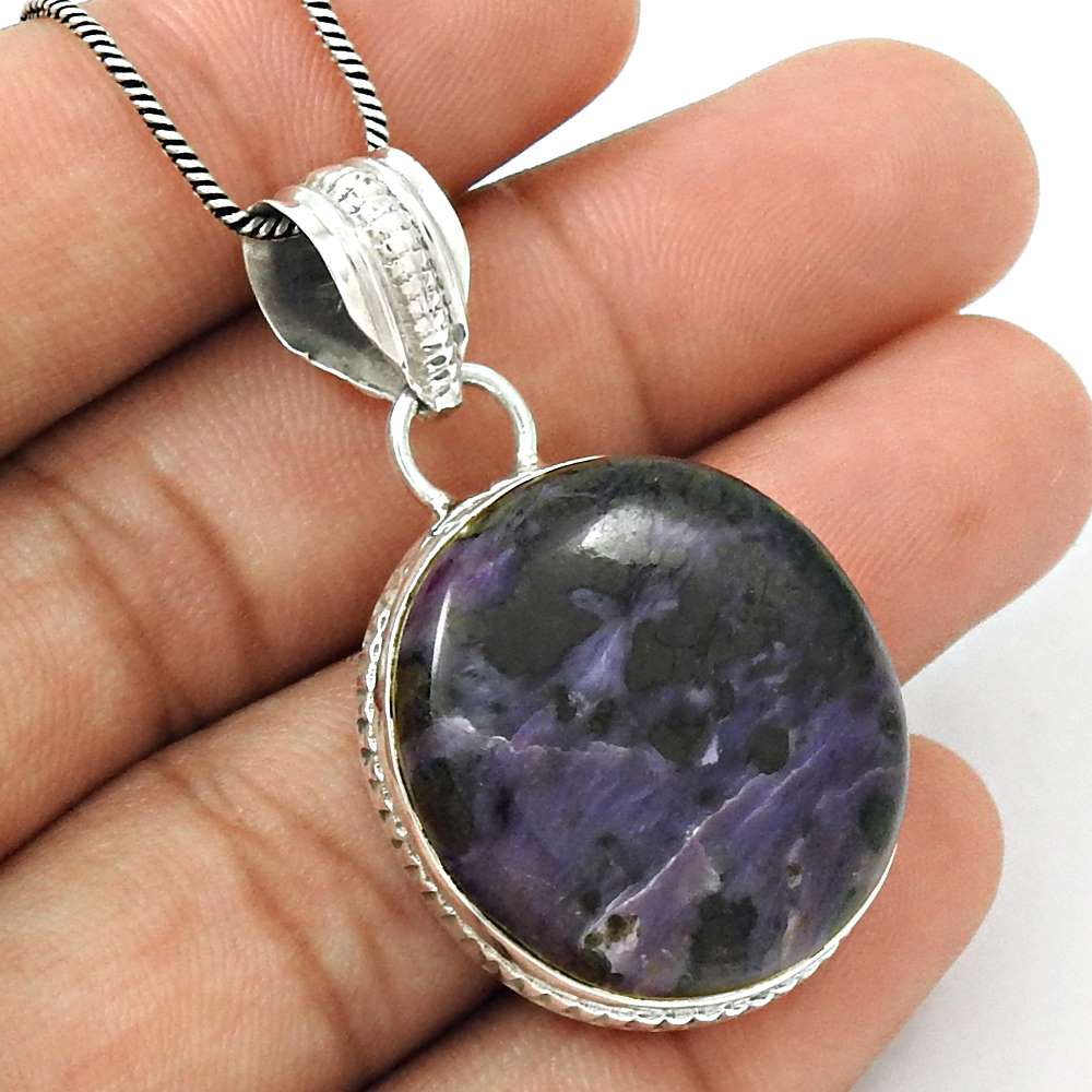 Gift For Her 925 Sterling Silver Natural Charoite Gemstone Pendant Stylish D37