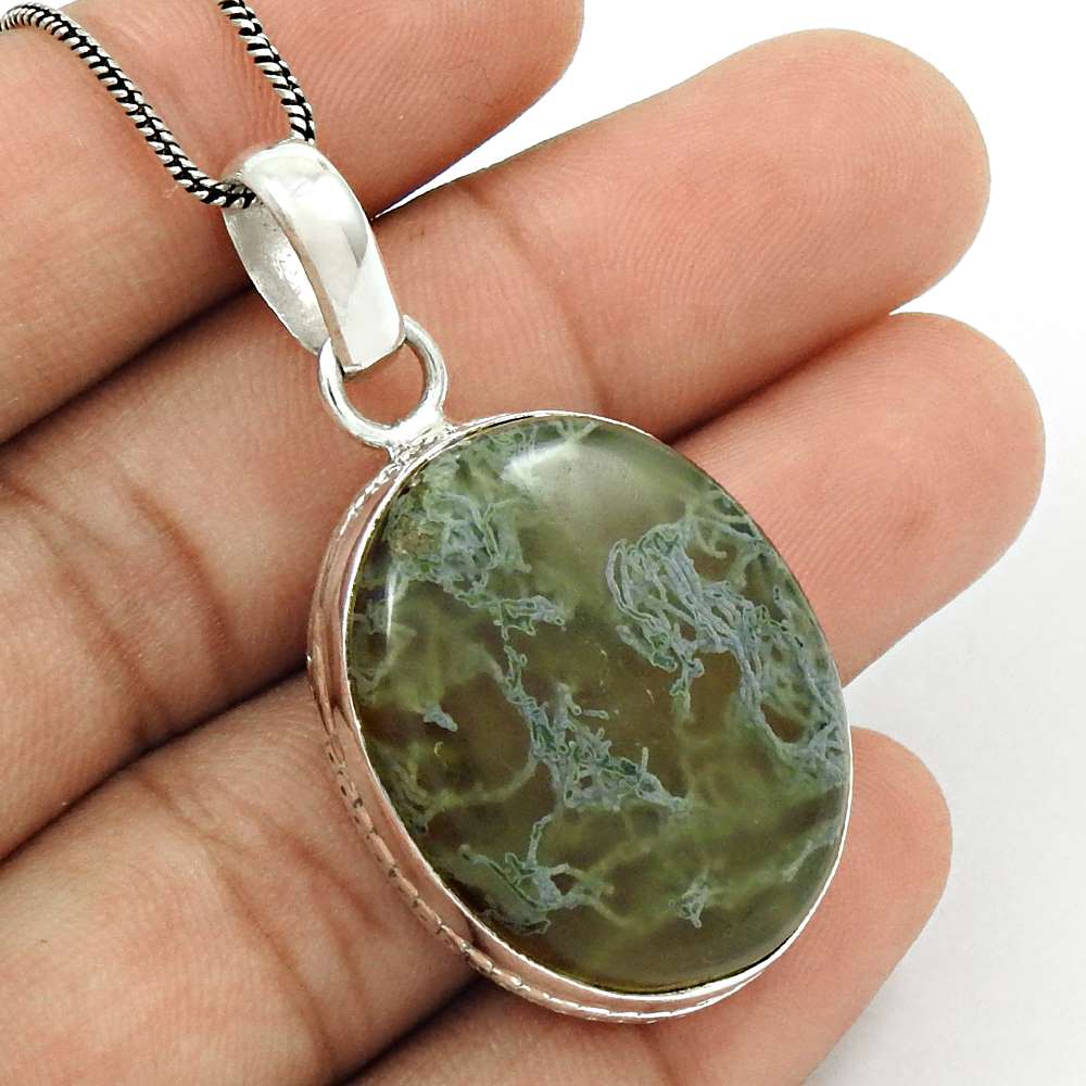 Anniversary Gift For Her Natural Moss Agate Gemstone Pendant Boho 925 Silver L37