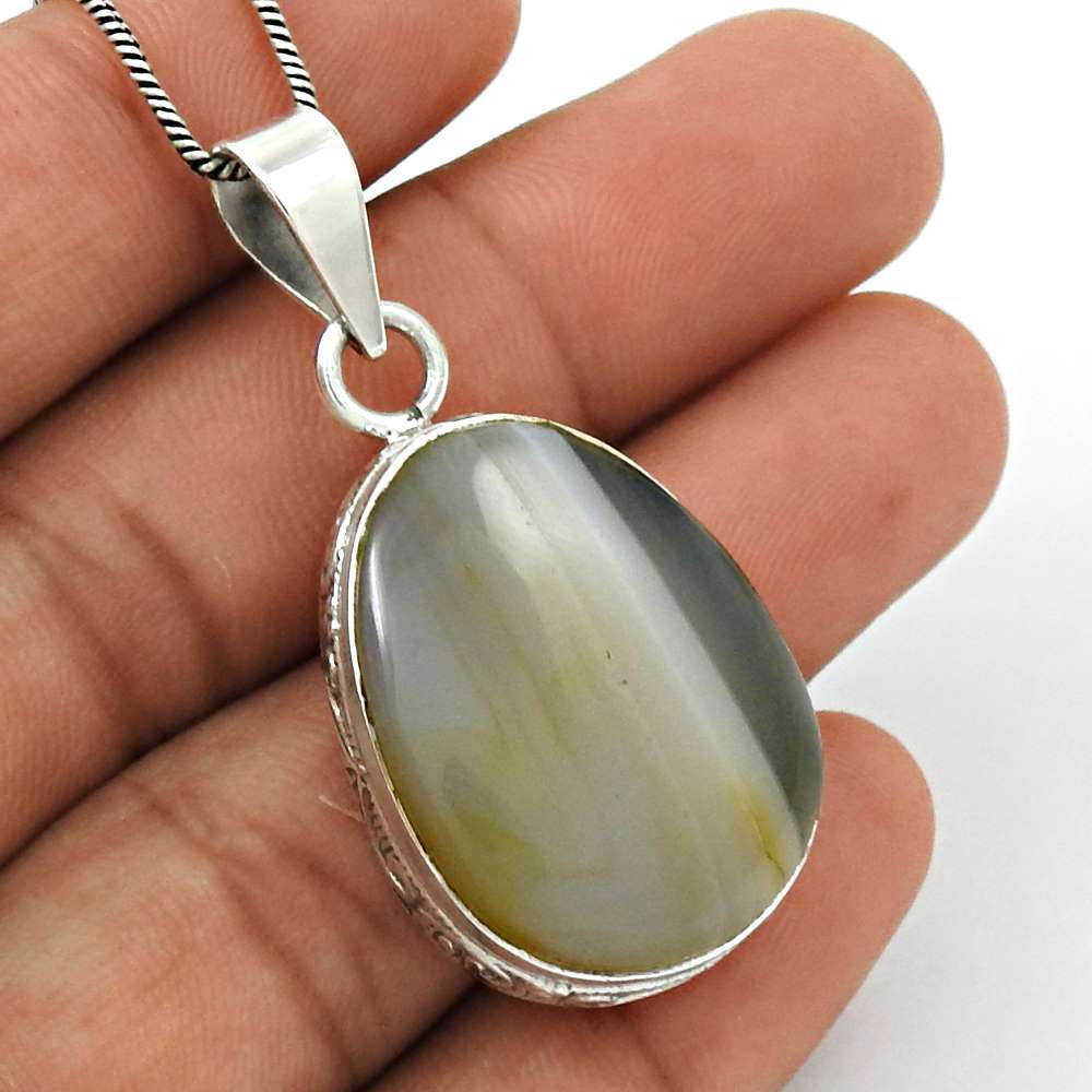 Natural Botswana Agate Gemstone Pendant Bohemian Gray 925 Sterling Silver S37