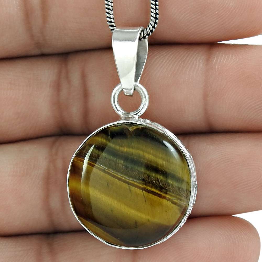 Natural Tiger'S Eye Gemstone Pendant Boho Brown 925 Sterling Silver Jewelry A8