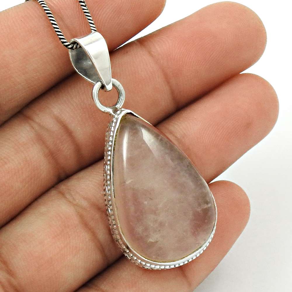 Gift For Her 925 Sterling Silver Natural Rose Quartz Gemstone Pendant Tribal S38