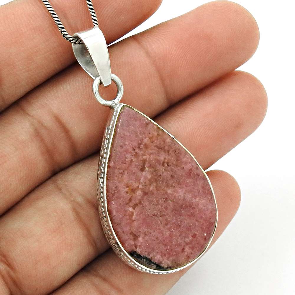 Natural Rhodonite Gemstone Pendant Stylish 925 Sterling Silver For Women X1