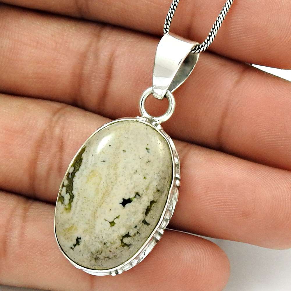 Natural Ocean Jasper Gemstone Pendant Vintage 925 Sterling Silver Jewelry T1