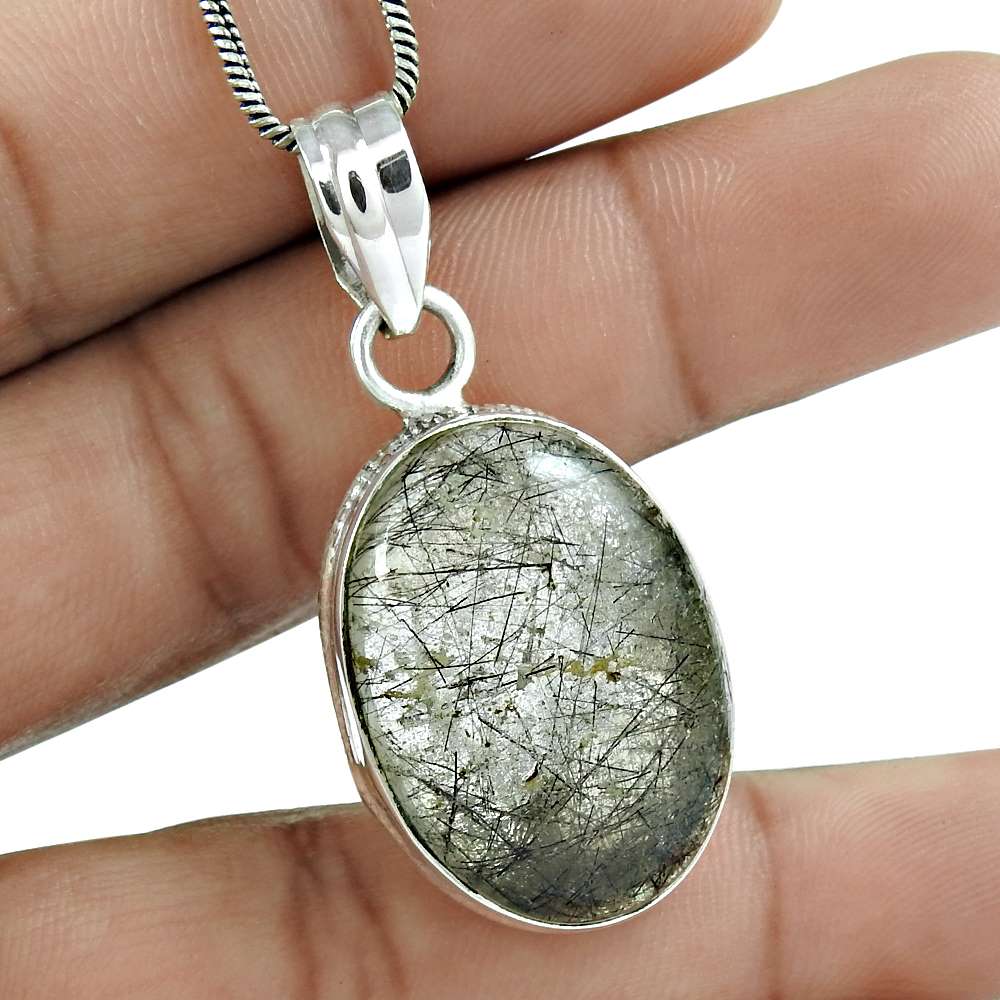 Natural Black Rutile Gemstone Pendant 925 Sterling Silver Jewelry For Women V7