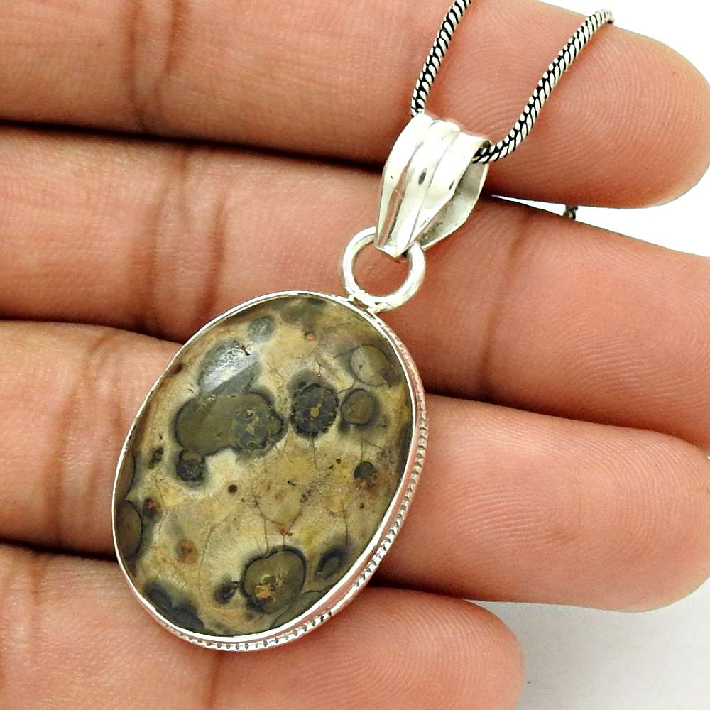 Gift For Women Pendant Stylish 925 Silver Natural Crinoid Fossil Gemstone X3
