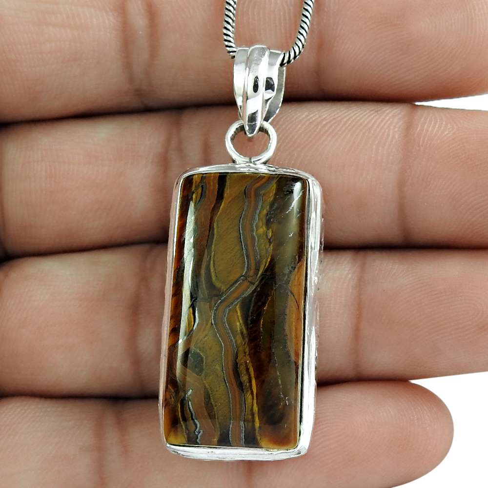 Halloween Gift 925 Sterling Silver Natural Tiger'S Eye Gemstone Pendant Y7