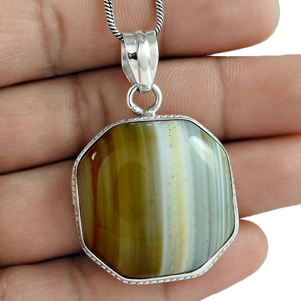 Natural Striped Onyx Gemstone Pendant 925 Sterling Silver Indian Jewelry D8