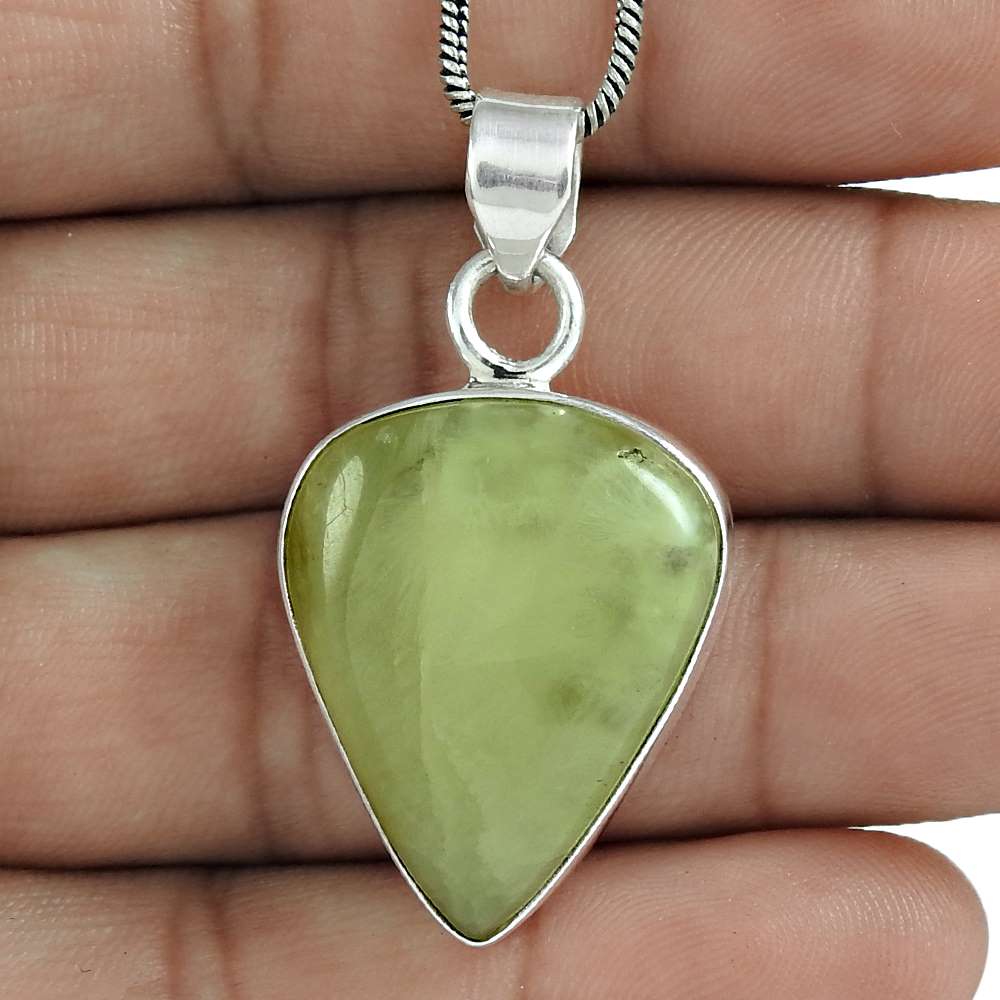 Natural Prehnite Gemstone 925 Sterling Silver Pendant Ethnic For Girls C31