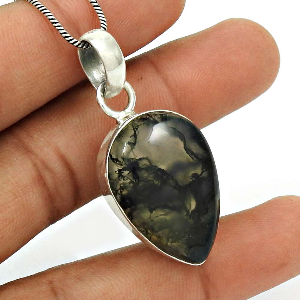 Natural Moss Agate Gemstone Pendant Boho 925 Sterling Silver For Women A8