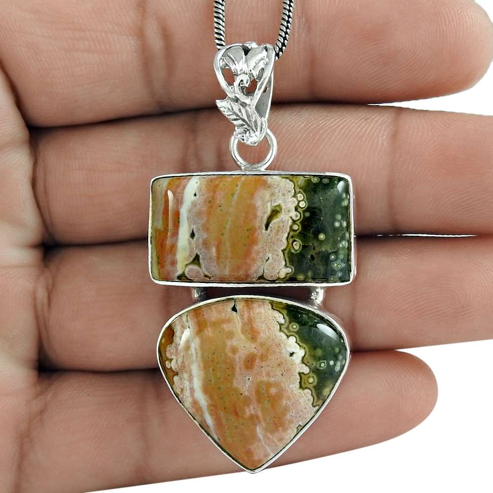 Halloween Gift 925 Silver Natural Ocean Jasper Pendant Bohemian V4