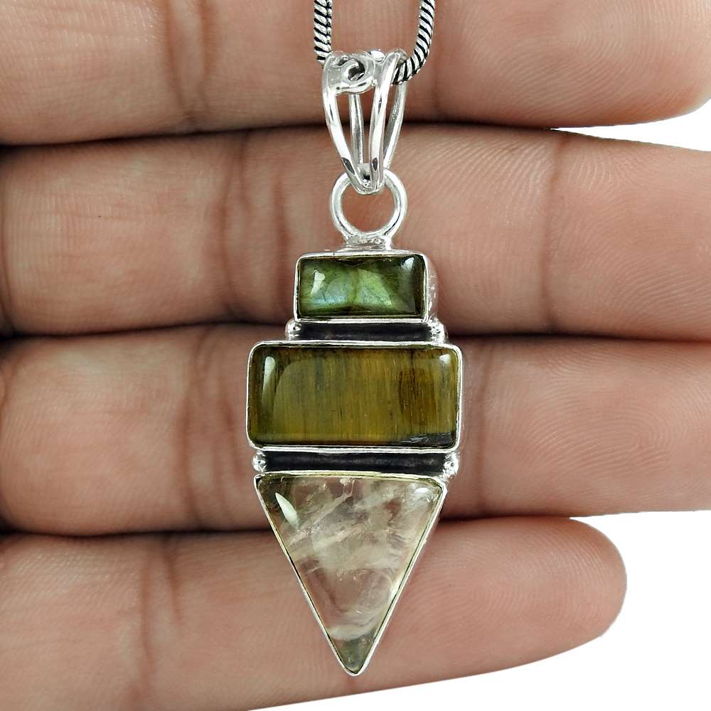 Natural Tiger'S Eye Gemstone Pendant 925 Sterling Silver Indian Jewelry C5
