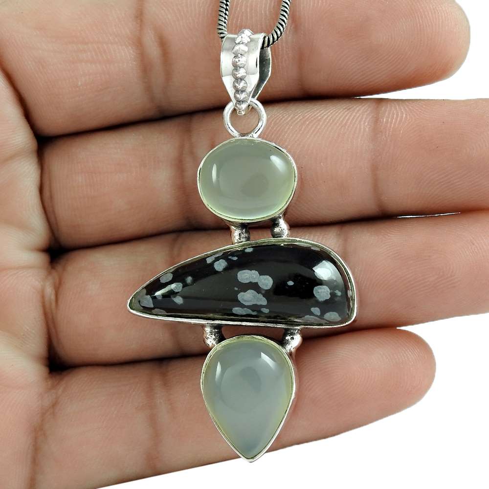 Natural Snowflake Obsidian Gemstone 925 Sterling Silver Pendant For Women G5