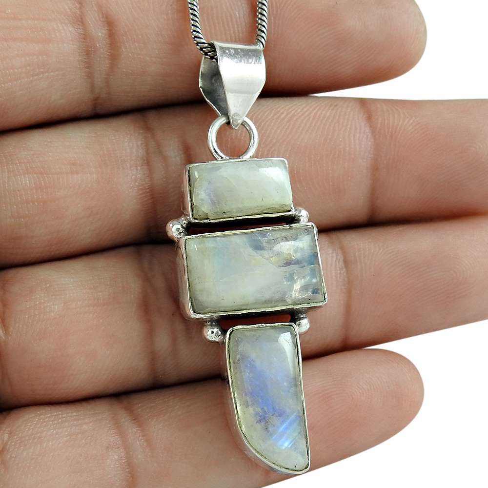 Natural Rainbow Moonstone Gemstone 925 Sterling Silver Pendant For Women R8