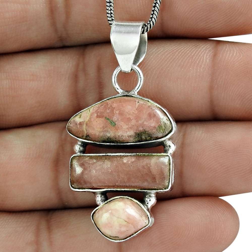 Natural Rhodochrosite Gemstone Pendant Vintage 925 Sterling Silver Jewelry B41