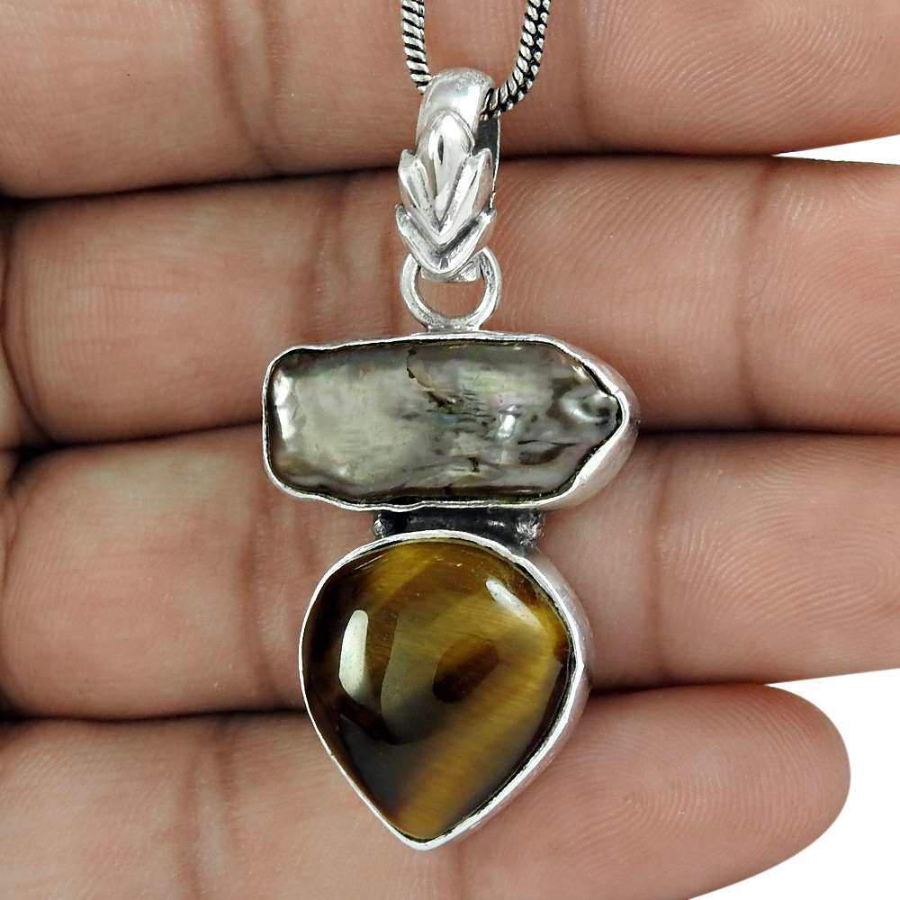 Natural Tiger'S Eye Gemstone Jewelry 925 Sterling Silver Pendant For Girls S8