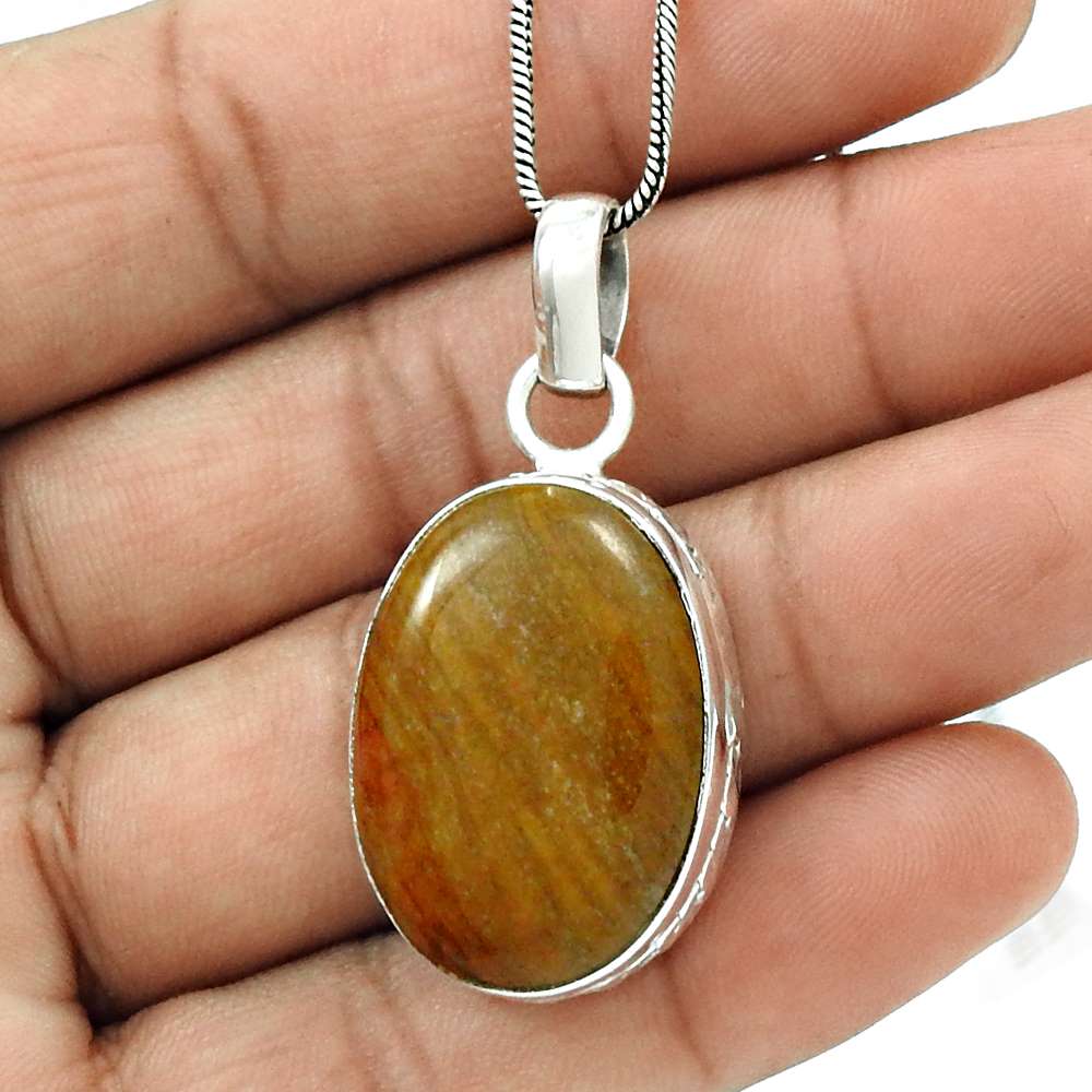 Natural Jasper Gemstone Pendant Stylish Brown 925 Sterling Silver Jewelry T7