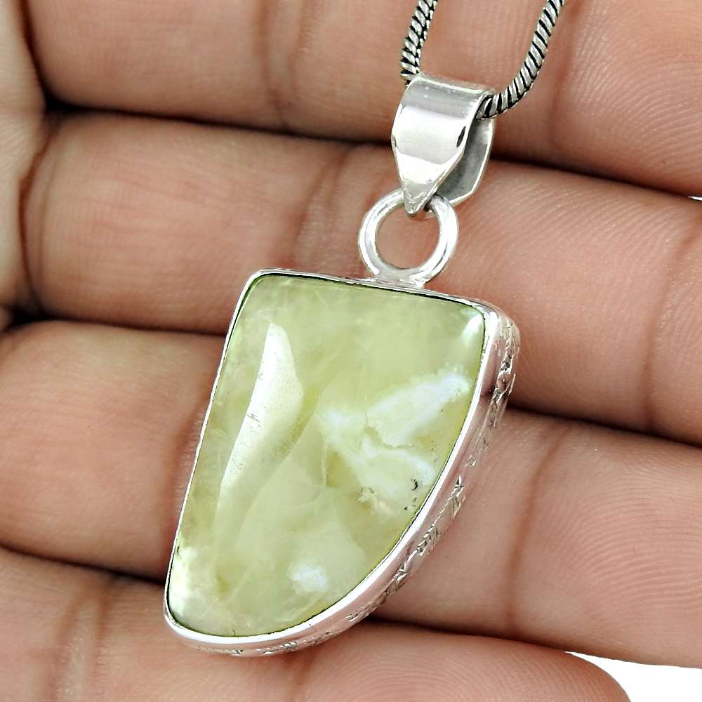 Natural Prehnite Gemstone Pendant 925 Sterling Silver Jewelry For Women W9