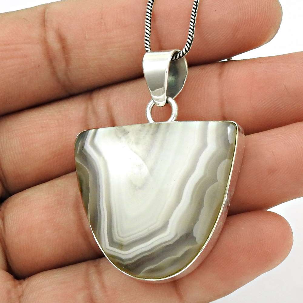 Gift For Women Pendant Tribal 925 Silver Natural Botswana Agate Gemstone H8