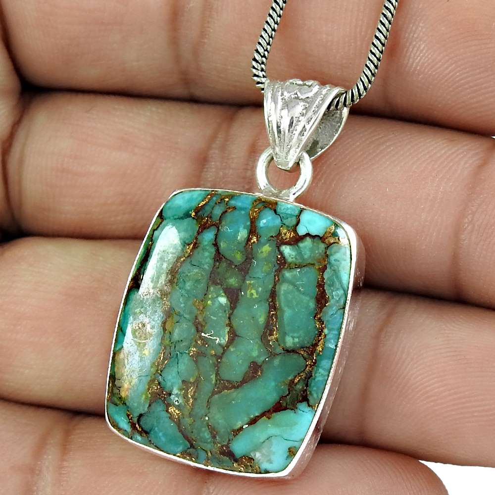 Natural Turquoise Gemstone Pendant Vintage 925 Sterling Silver For Girls F10
