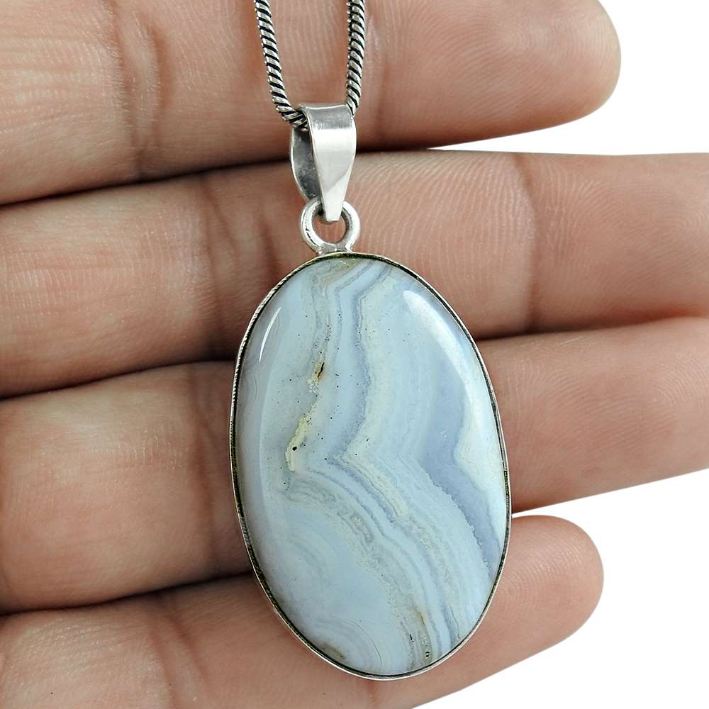 Natural Blue Lace Agate Gemstone 925 Silver Pendant Vintage For Girls A77