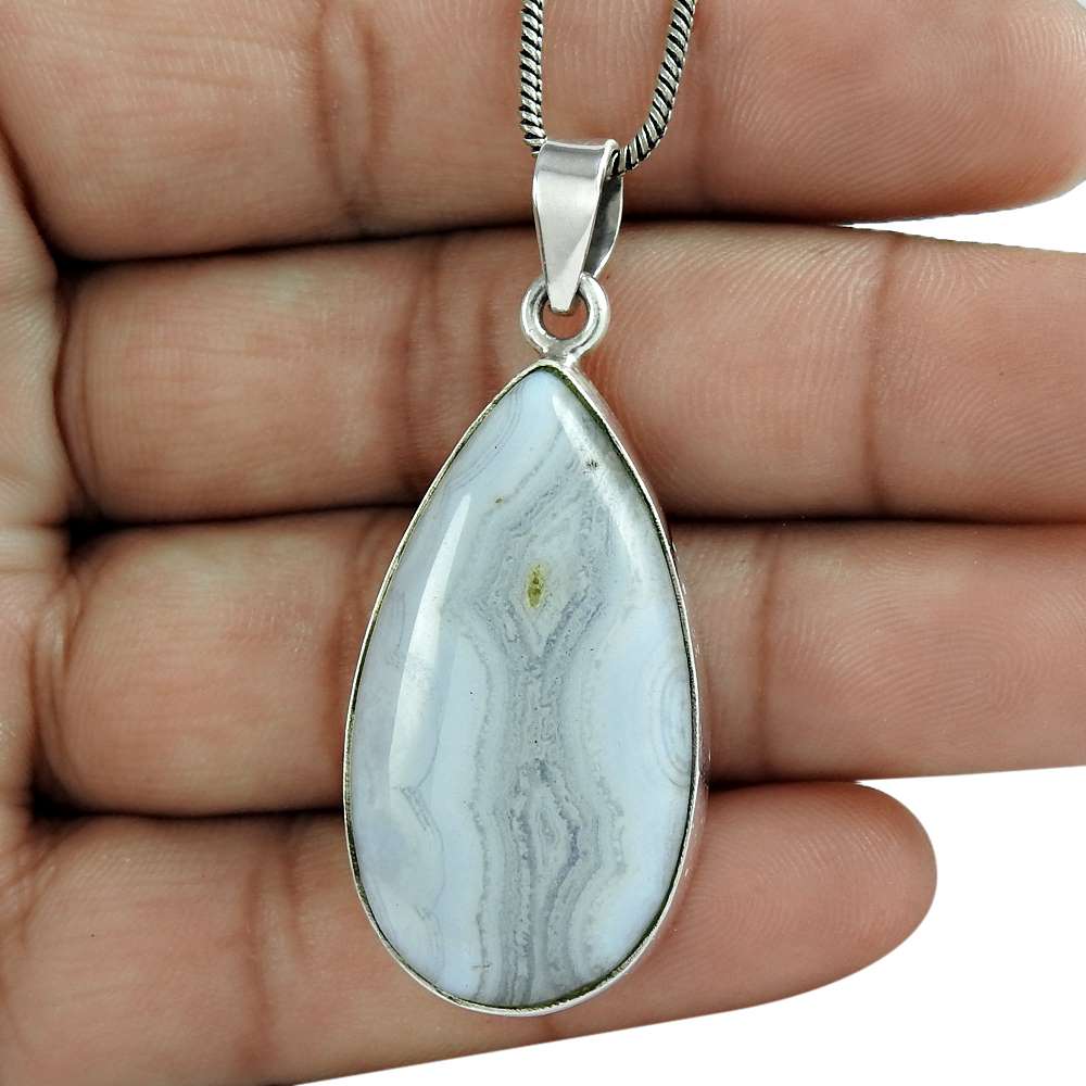 Birthday Gift For Her Natural Blue Lace Agate Pendant Vintage 925 Silver H11