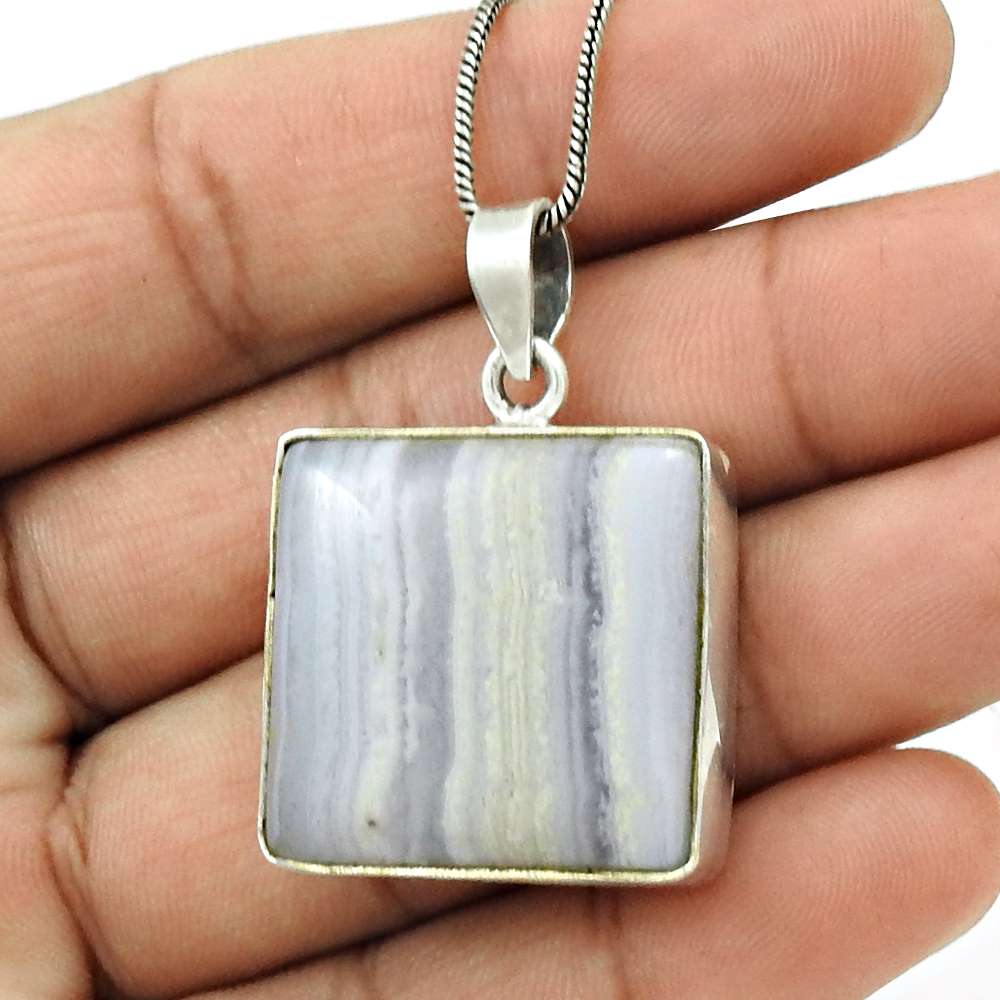 Natural Blue Lace Agate Gemstone Pendant Stylish 925 Silver For Girls M11