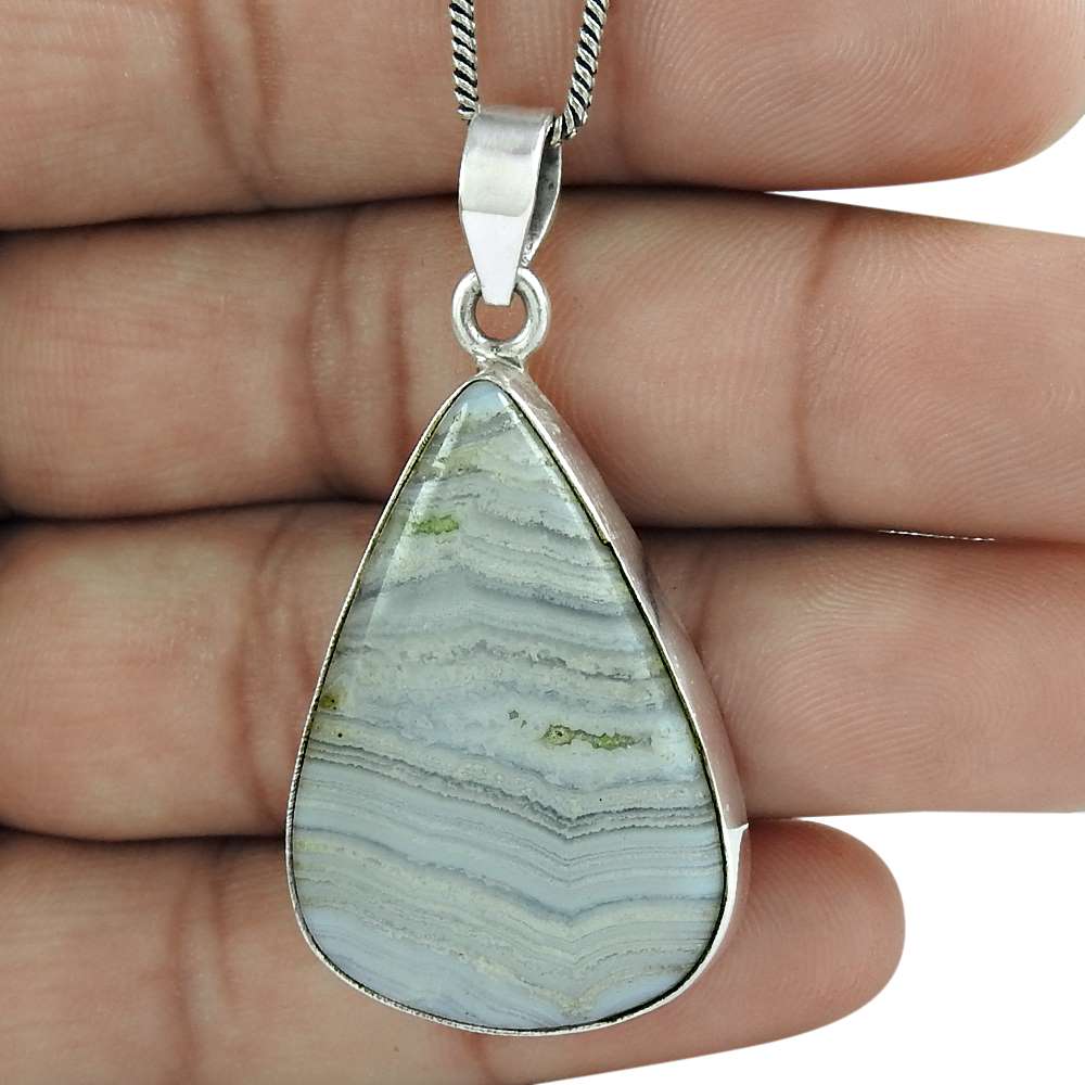Anniversary Gift For Her Natural Blue Lace Agate Pendant Ethnic 925 Silver B34
