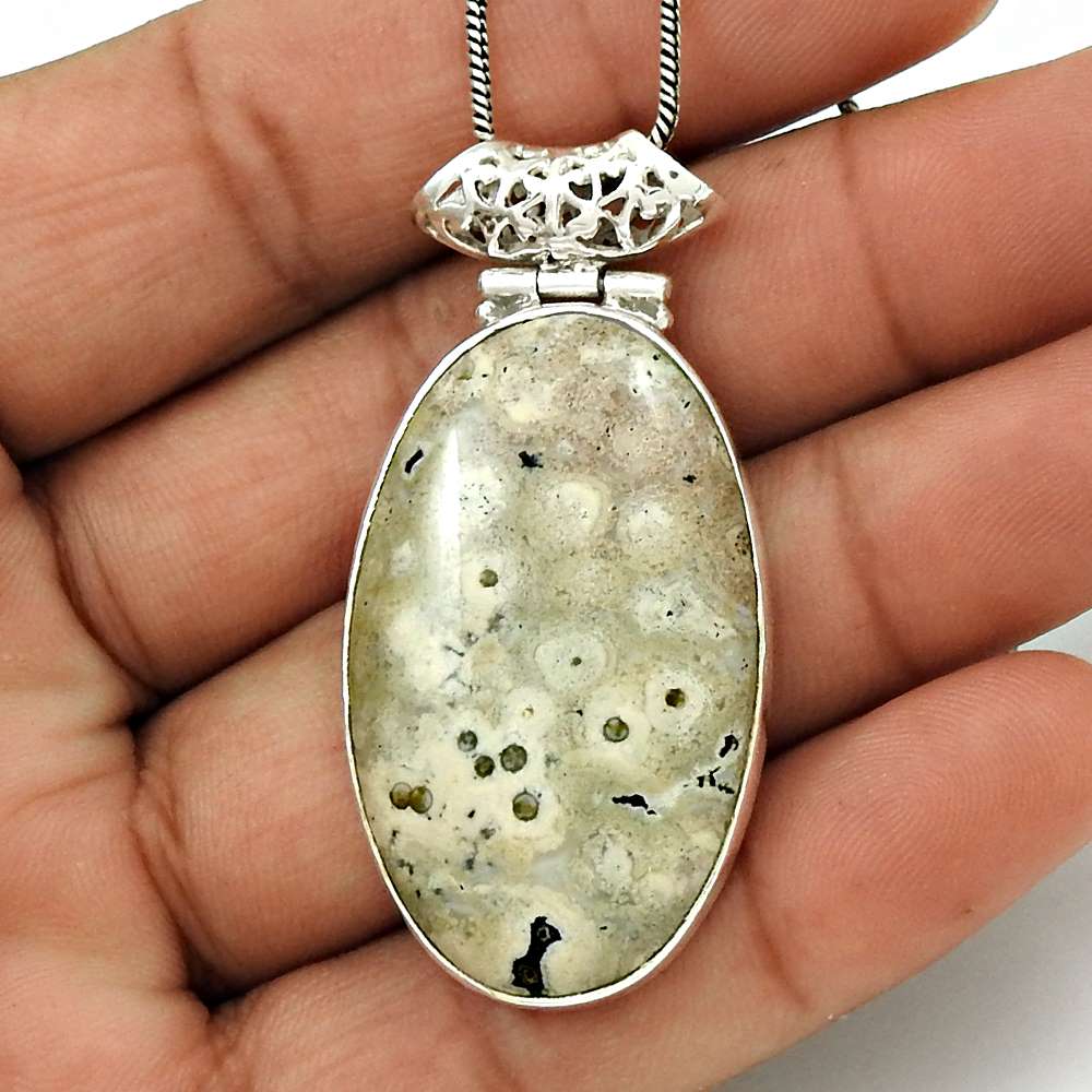 Wedding Gift For Her 925 Silver Natural Ocean Jasper Gemstone Pendant Ethnic R13