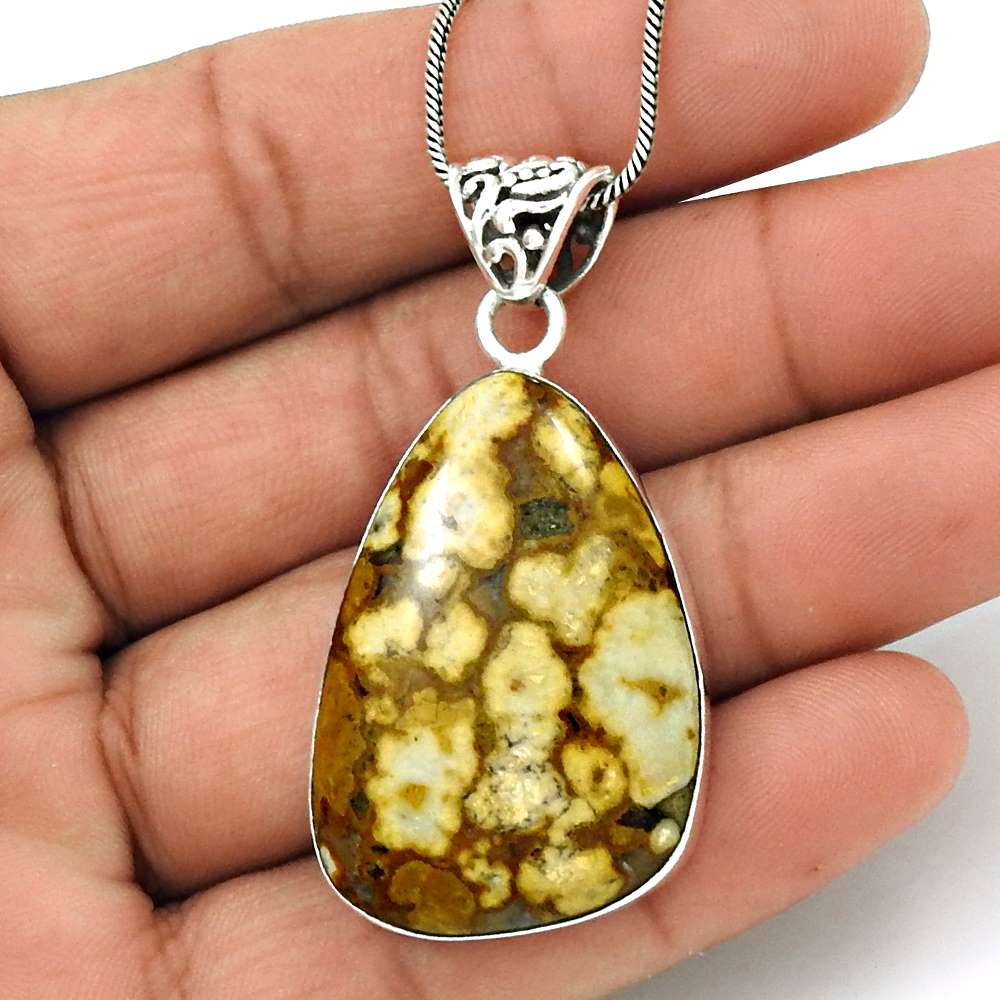 Gift For Women Pendant Vintage 925 Silver Natural Petrified Wood Gemstone H14
