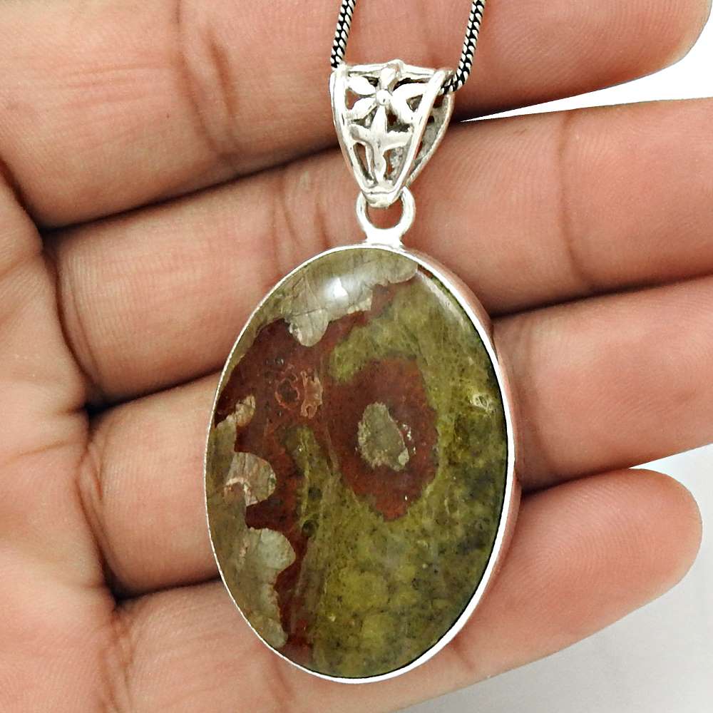 Natural Mushroom Rhyolite Gemstone Pendant Ethnic 925 Silver For Girls D15