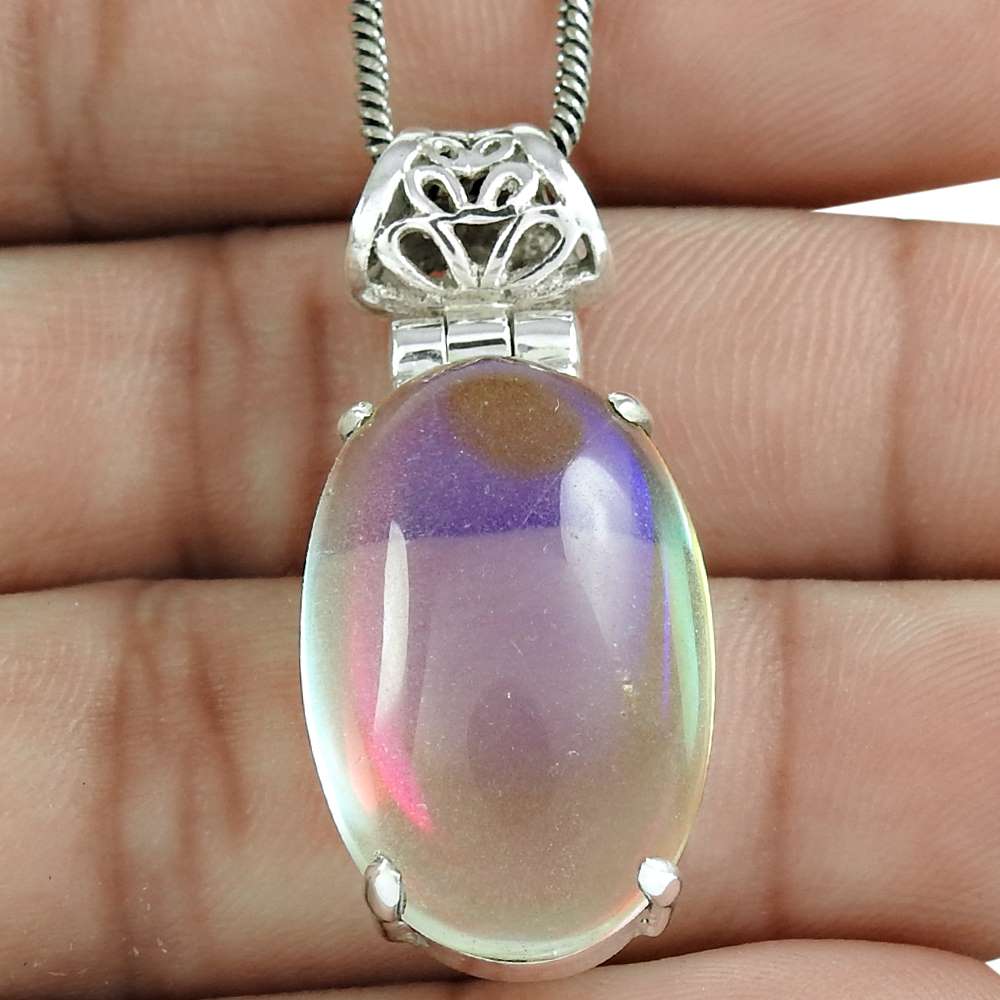 Beautiful 925 Sterling Silver Synthetic Opal Gemstone Pendant Vintage Jewelry D41