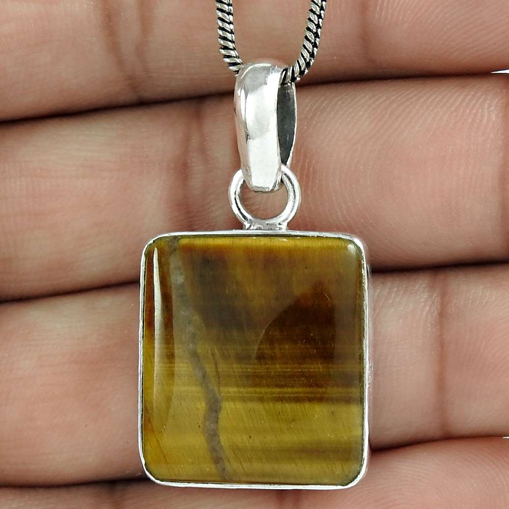 Natural Tiger'S Eye Gemstone Pendant Brown 925 Sterling Silver Jewelry B12