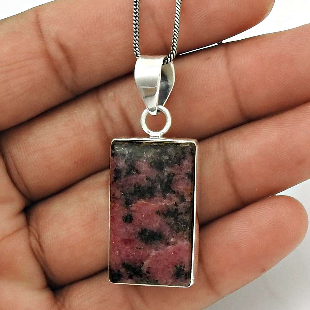 Natural Rhodonite Gemstone 925 Sterling Silver Pendant Tribal For Women I15